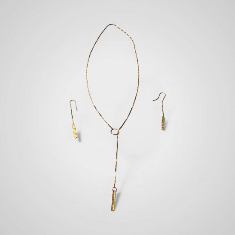 Gucci 18K Logo Bar Lariat Necklace and drop earrings set